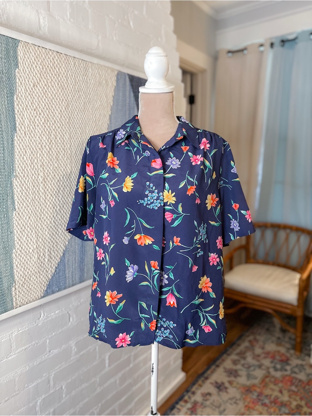 Alfred Dunner Petite Dark Navy Floral Button Up Short Sleeve Shirt